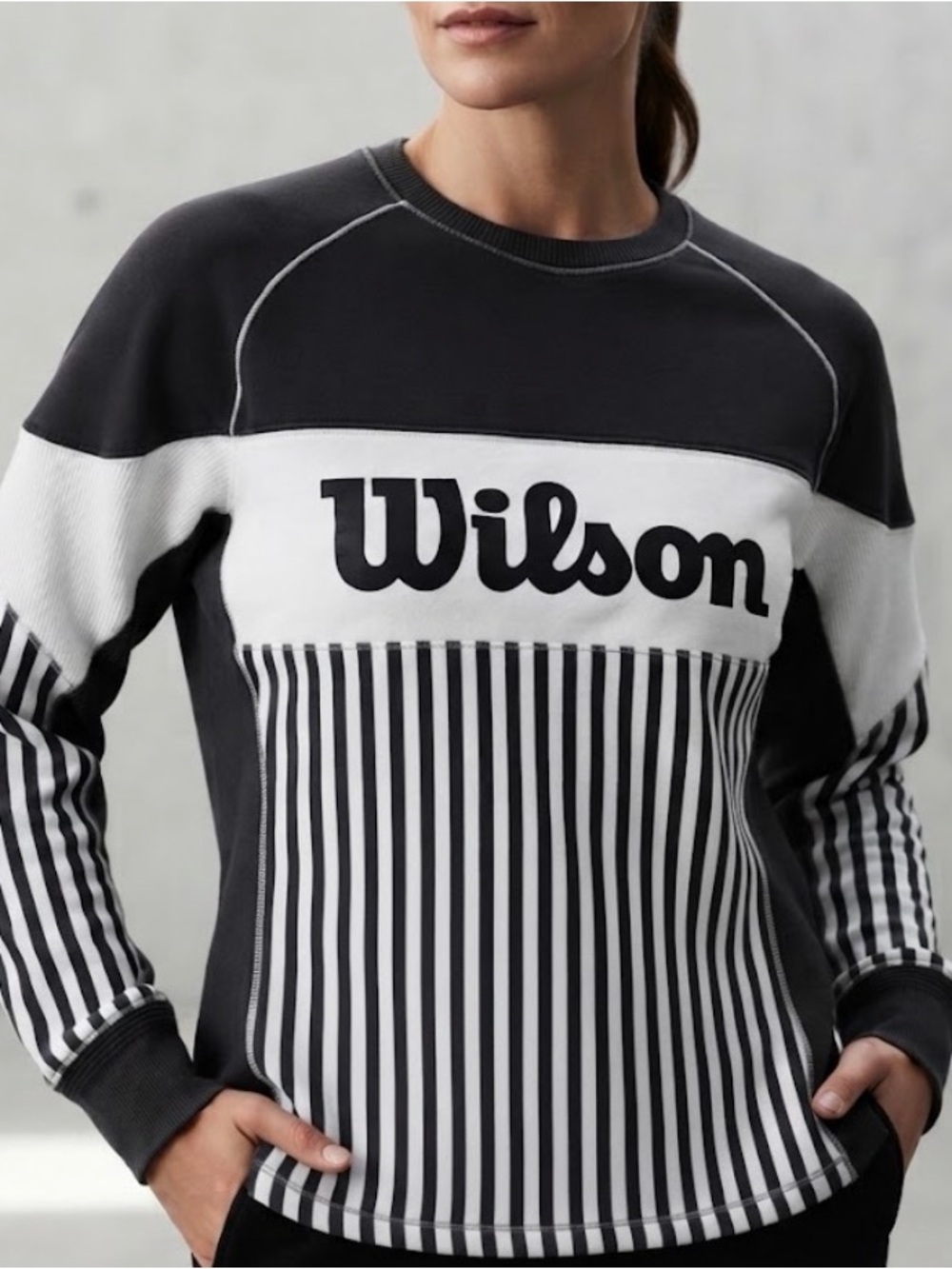 Wilson Large Black White Striped Crewneck Sweatshirt Vintage Tennis Pullover L